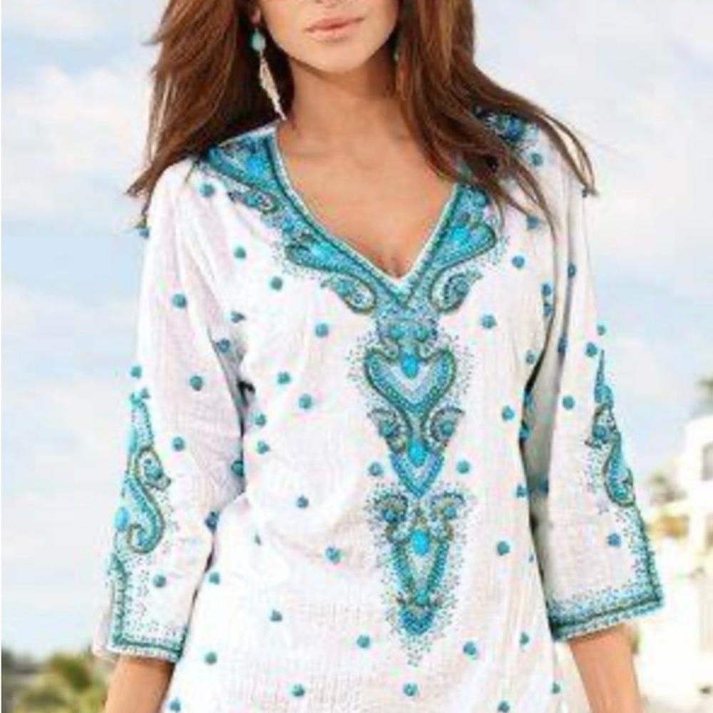 NWT  Turquoise Baubles Embroidered Tunic/Small
